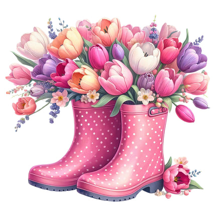 Pink polka dot rain boots filled with a bouquet of colorful tulips quilt panel
