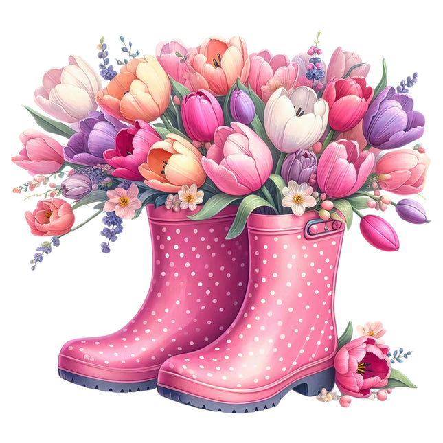 Pink polka dot rain boots filled with a bouquet of colorful tulips quilt panel