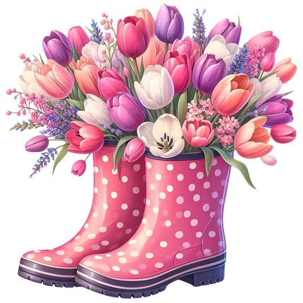 A fabric panel featuring a pair of pink rain boots filled with a bouquet of multicolored tulips and small blue flowers.