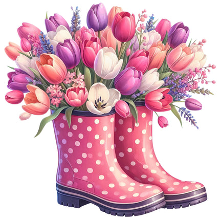 Pink polka dot rain boots filled with colorful tulips fabric panel