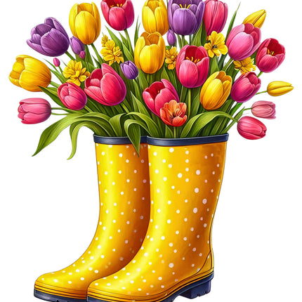 Yellow rain boots with white polka dots filled with colorful tulips fabric panel