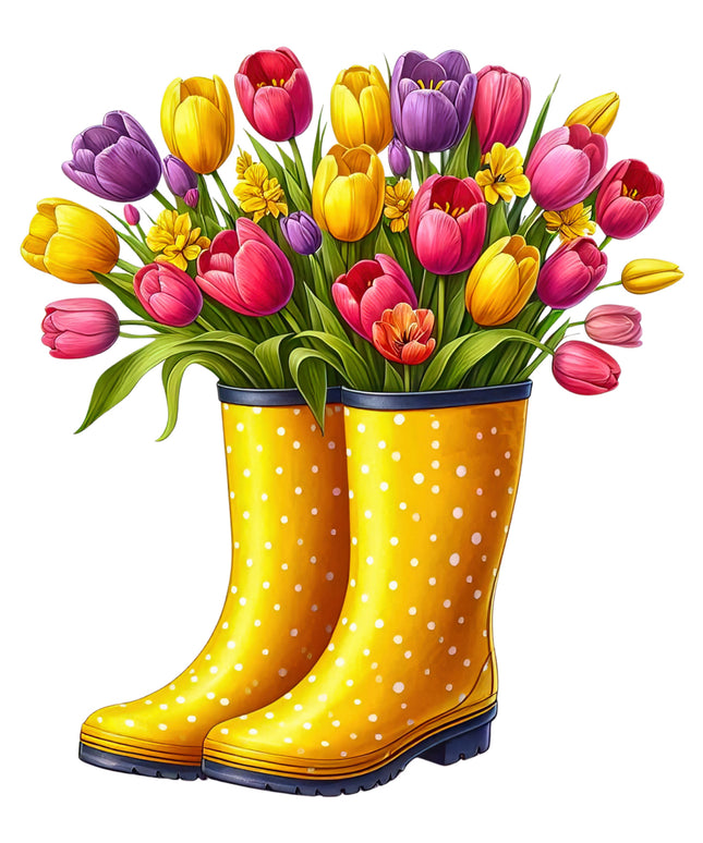 Yellow rain boots with white polka dots filled with colorful tulips fabric panel