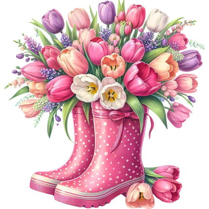 A fabric panel block featuring a pair of pink rain boots filled with a bouquet of colorful tulips