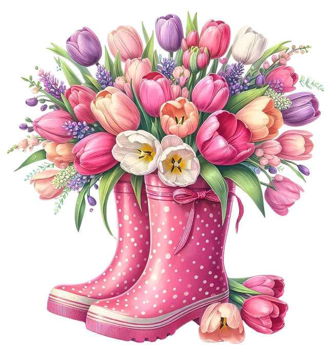 A fabric panel block featuring a pair of pink rain boots filled with a bouquet of colorful tulips