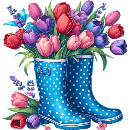 A fabric panel block featuring a pair of blue rain boots filled with a bouquet of colorful tulips