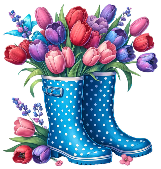 A fabric panel block featuring a pair of blue rain boots filled with a bouquet of colorful tulips