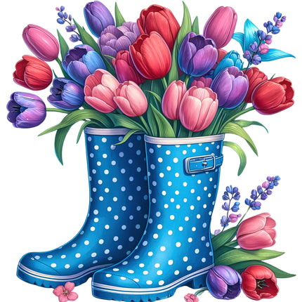 rain boots filled with colorful tulips fabric panel