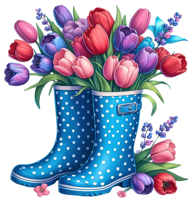 rain boots filled with colorful tulips fabric panel