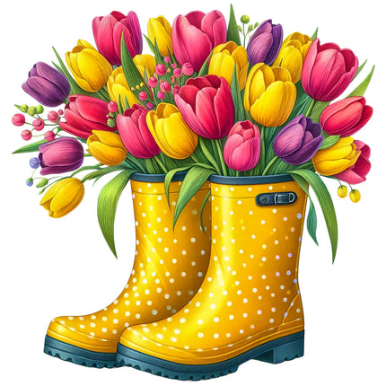 A fabric panel block depicting a pair of yellow rain boots filled with colorful tulips and other flowers.
