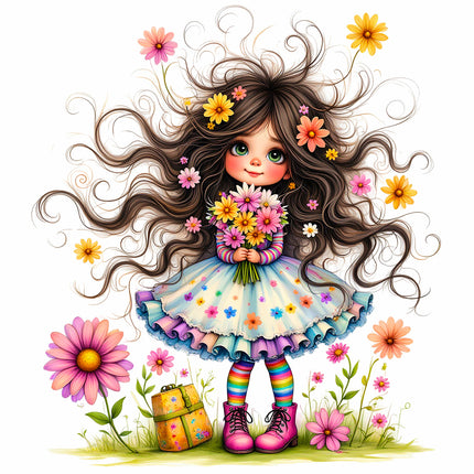 Little Flower Girl 100% Cotton Fabric Panel Block S4053