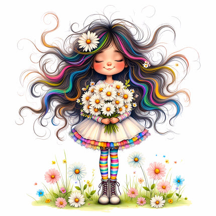 Little Floral Daisy Girl 100% Cotton Fabric Panel Block S4057