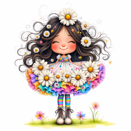 Little Floral Daisy Girl 100% Cotton Fabric Panel Block S4058