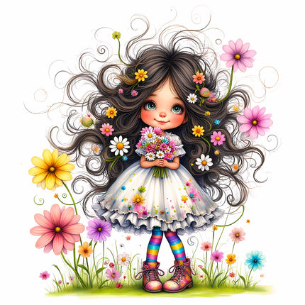 Little Floral Girl 100% Cotton Fabric Panel Block S4060