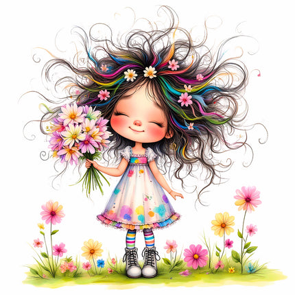 Little Floral Girl 100% Cotton Fabric Panel Block S4061