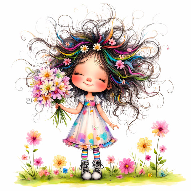 Little Floral Girl 100% Cotton Fabric Panel Block S4061