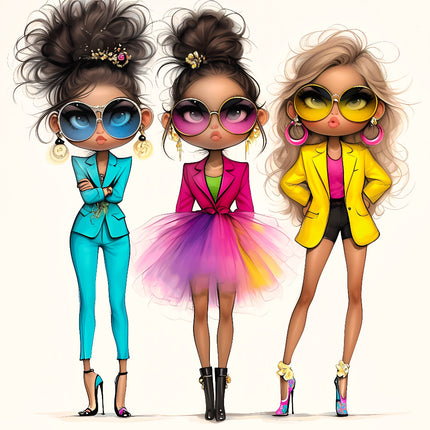 Three Fashion Friends Besties 100% Cotton Fabric Panel Block S4074