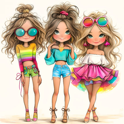 Three Fashion Friends Besties 100% Cotton Fabric Panel Block S4076