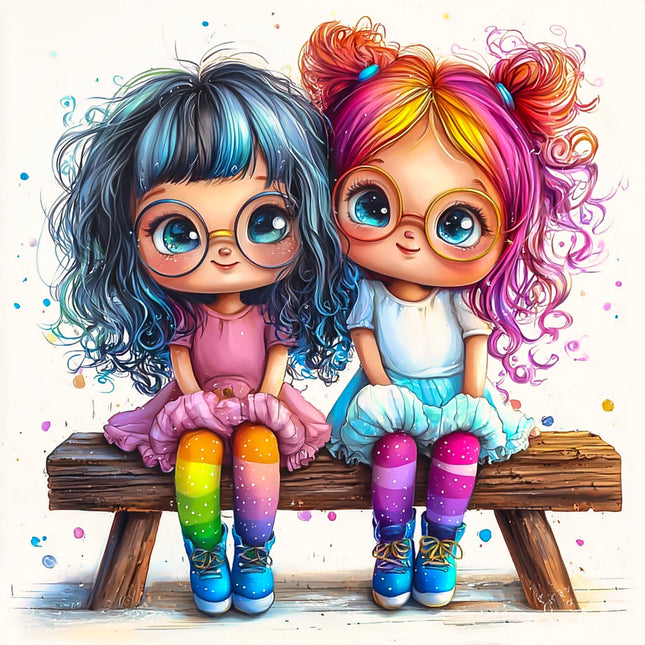 A digitally printed fabric panel featuring two stylized, colorful girl characters sitting on a bench.