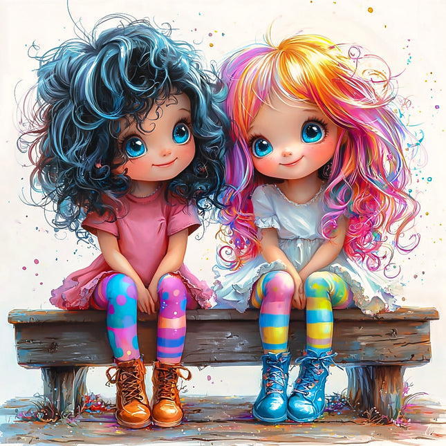 A digitally printed fabric panel featuring two stylized, colorful girl characters sitting on a bench.
