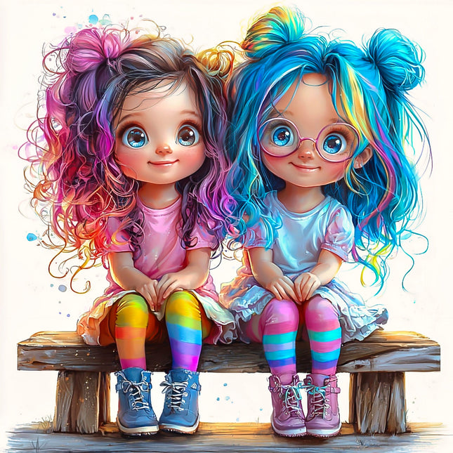 A digitally printed 100% cotton fabric panel featuring two stylized children with colorful hair sitting on a bench.