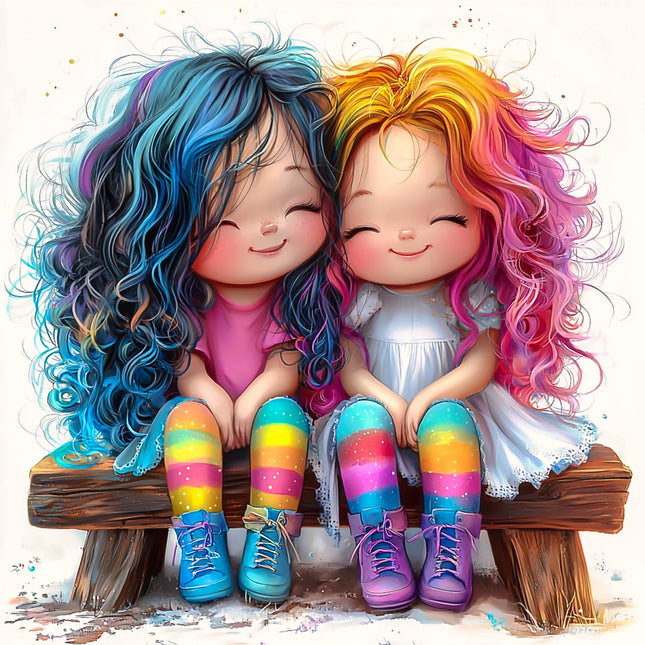A colorful fabric panel featuring two stylized, cartoon-like girls sitting close by a wooden bench, with one girl in a pink dress and the other in a white dress with rainbow stripes. Both have multicolored hair and are wearing matching rainbow-patterned socks and sneakers.