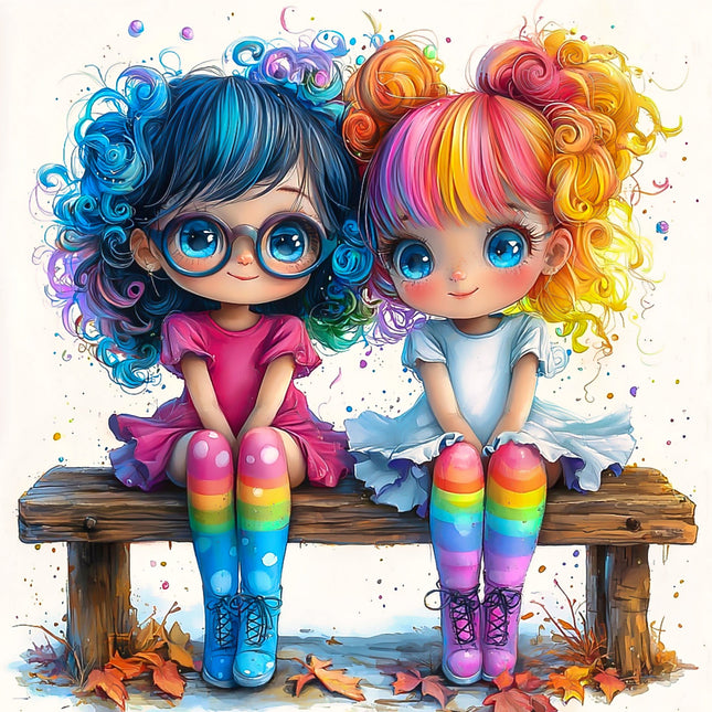A digitally printed 100% cotton fabric panel featuring two cartoon girls with colorful hair sitting on a bench.