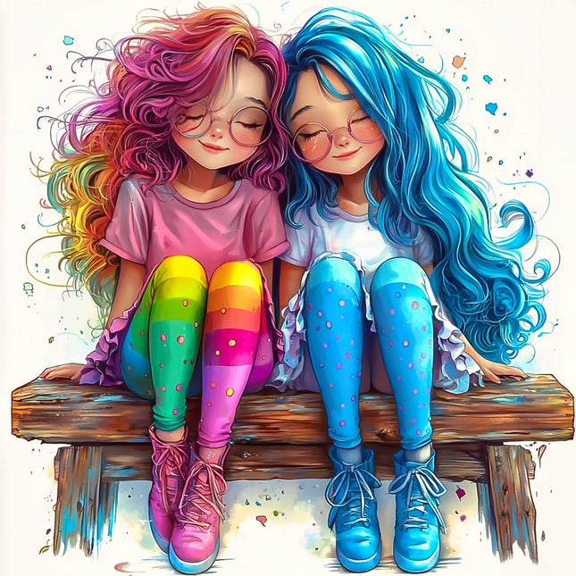 A colorful illustration of two female friends sitting on a bench, with one having pink hair and the other with blue hair, wearing fun socks and sneakers.
