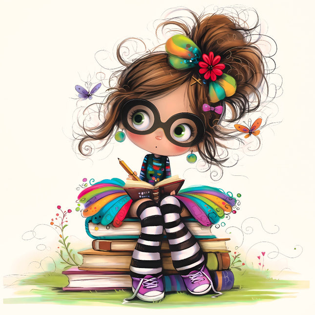 Girl With Books Reader 100% Cotton Fabric Panel Block S4110