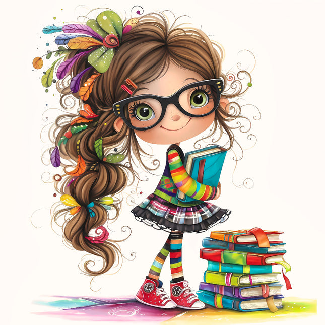 A colorful illustration of a girl with glasses and a stack of books fabric panel
