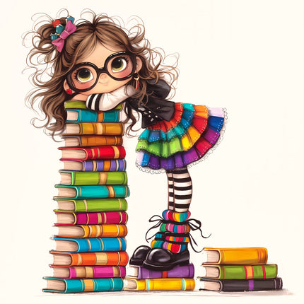 A colorful illustration of a girl character with glasses and a multicolored skirt, standing next to a large stack of books.