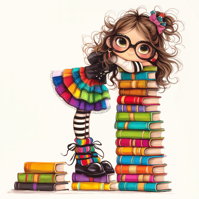 Illustration of a girl with books fabric panel