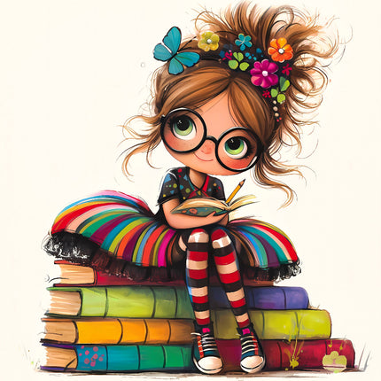 A digitally printed fabric panel of girl with books