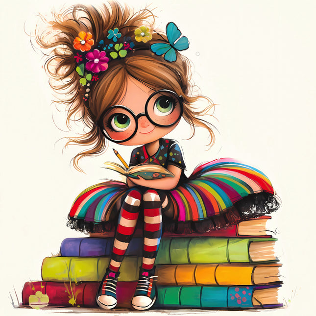 Illustration of a girl with glasses and a colorful skirt sitting on books fabric panel