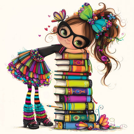 A colorful illustration of a girl character with glasses and a whimsical outfit, standing next to a stack of books, with a focus on a 100% cotton fabric panel.