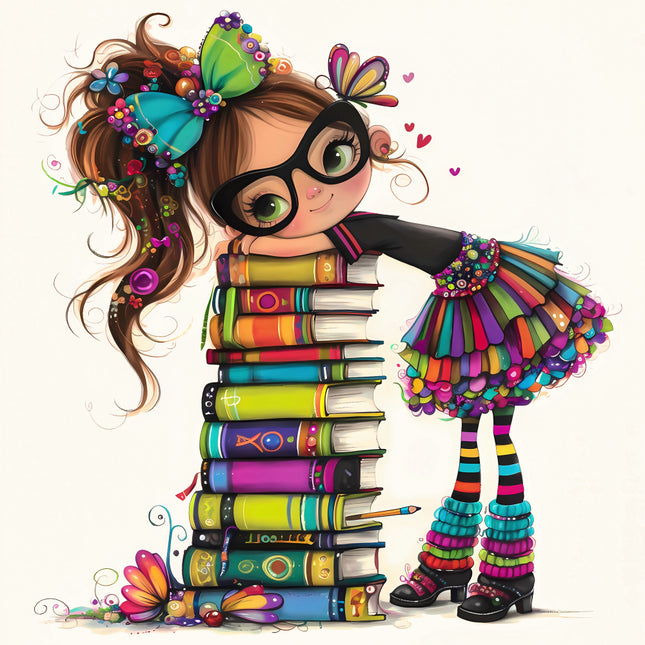 Colorful illustration of a girl with books fabric panel