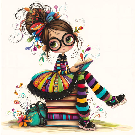 Girl With Books Reader 100% Cotton Fabric Panel Block S4119