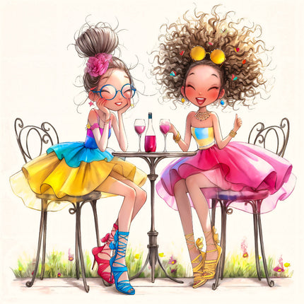 Illustration of two female friends sitting at a table, enjoying drinks and having a conversation, with colorful skirts and accessories quilt panel