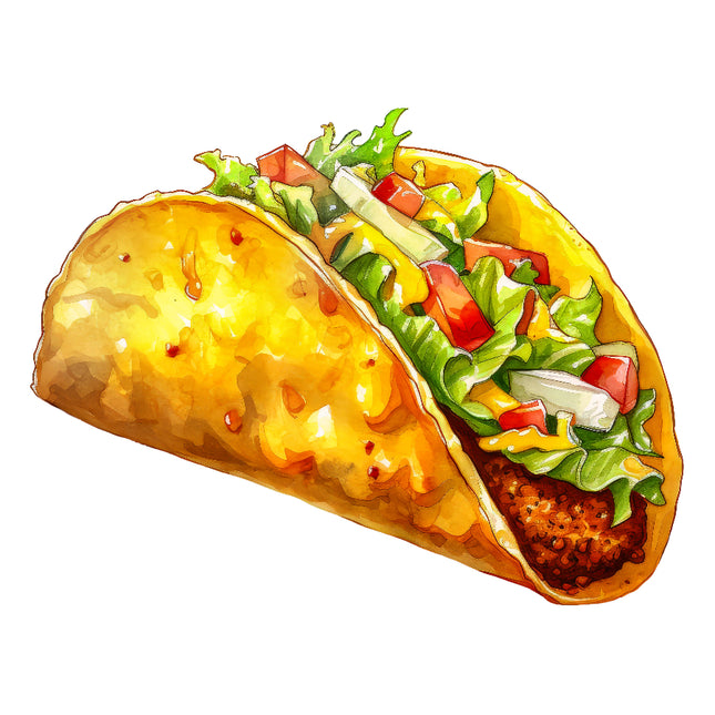 A digitally printed 100% cotton fabric panel featuring a quilt block design with a taco motif.