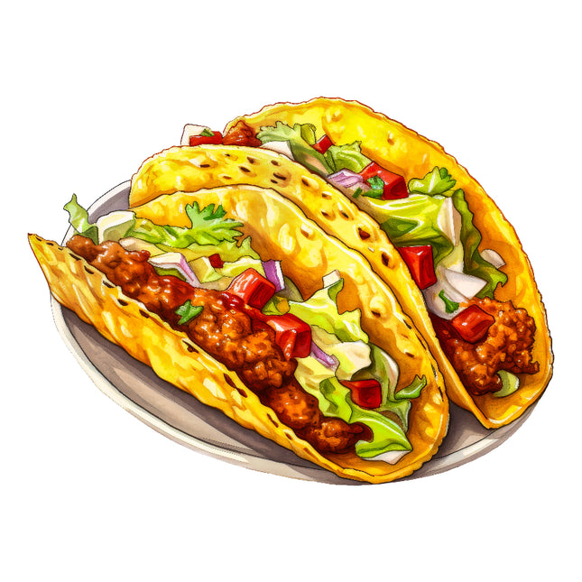 A digitally printed 100% cotton fabric panel featuring a quilt block design with an image of tacos.