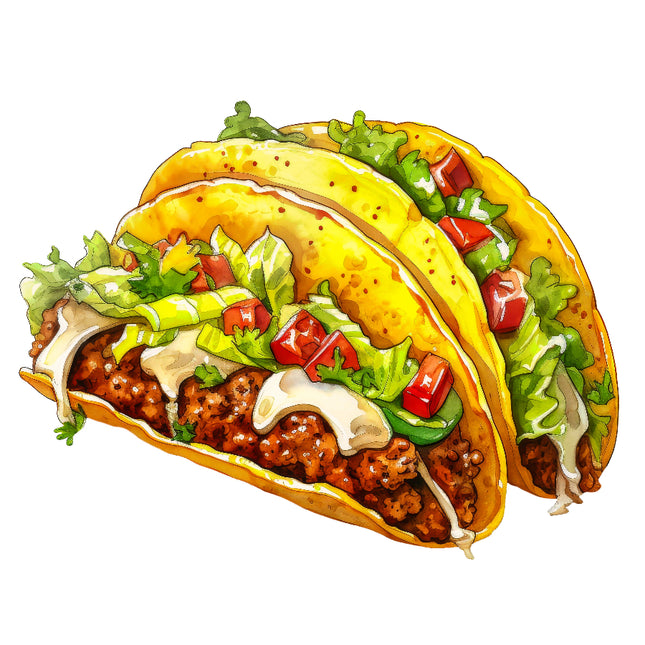 A digitally printed 100% cotton fabric panel featuring a quilt block design with an illustration of tacos.