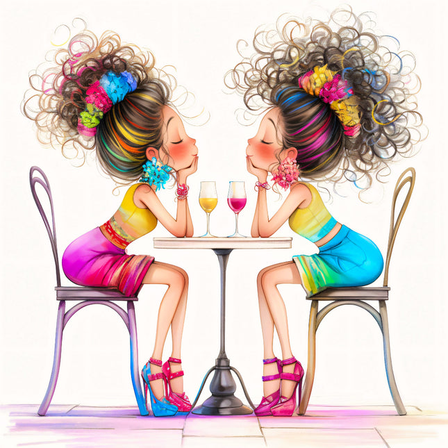 A colorful illustration of two stylized women sitting at a table, enjoying drinks, with a focus on their vibrant hairstyles and footwear.