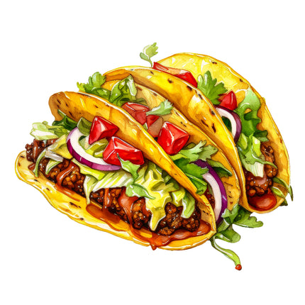 A digitally printed 100% cotton fabric panel featuring a quilt block design with an image of tacos.