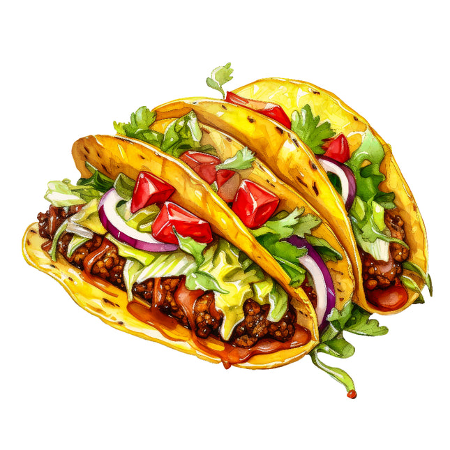 A digitally printed 100% cotton fabric panel featuring a quilt block design with an image of tacos.
