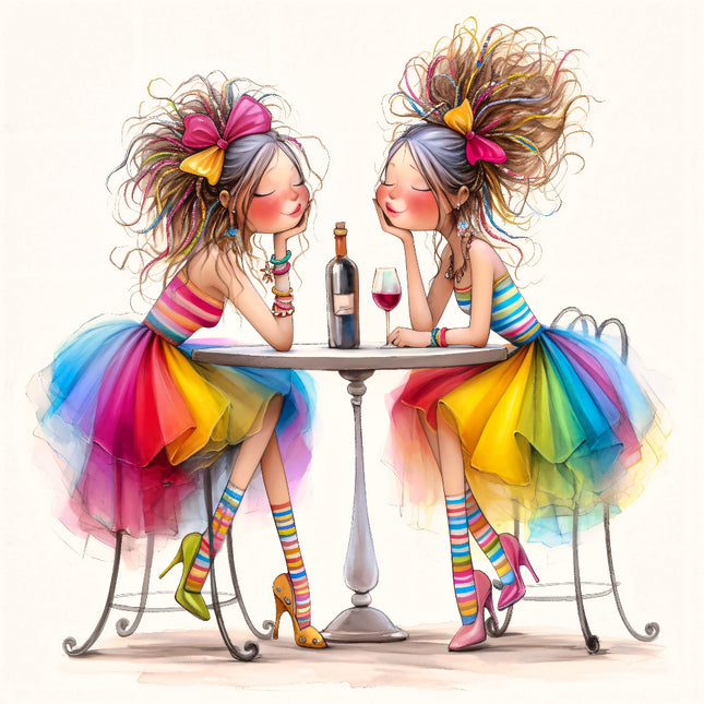 A colorful illustration of two women sitting at a table, engaging in a playful conversation quilt panel