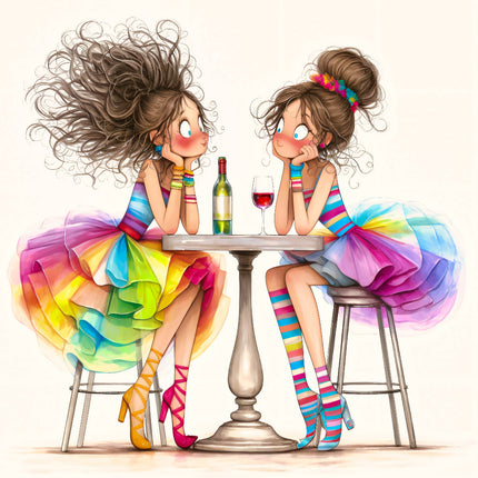A colorful illustration of two female friends sitting at a table, engaging in a playful conversation, with one friend fixing her shoe and the other holding a glass of red wine.