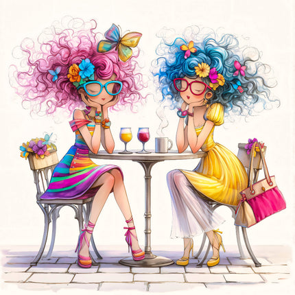 A colorful illustration of two women sitting at a table, enjoying drinks, with vibrant hair and accessories fabric panel