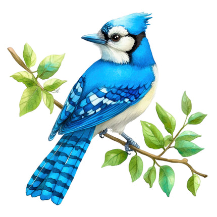 Blue jay bird on a branch with green leaves fabric panel