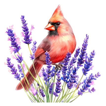 Red cardinal bird perched on lavender flowers fabric panel