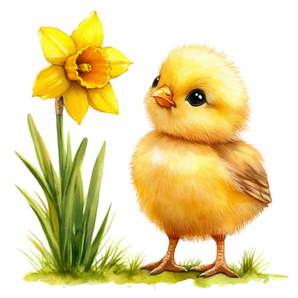 Illustration of a yellow chick and a yellow flower fabric panel