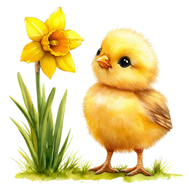 Illustration of a yellow chick and a yellow flower fabric panel